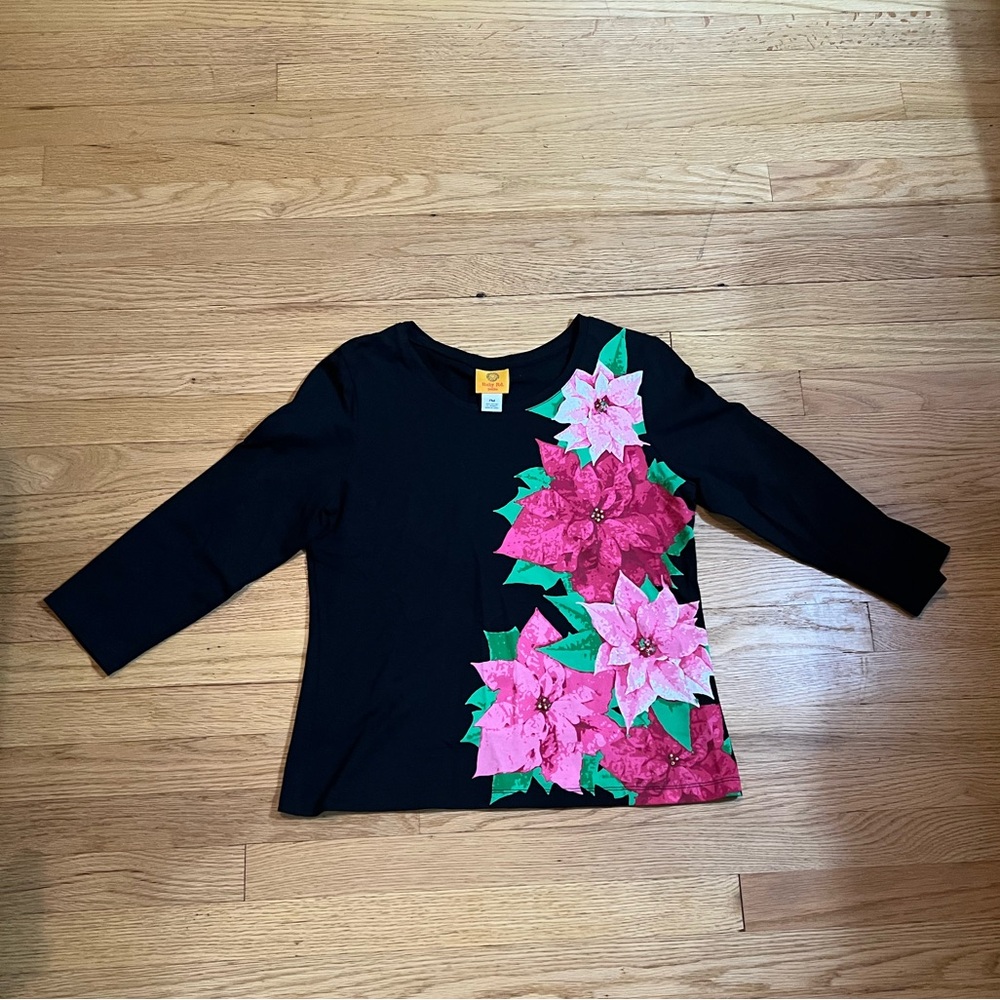 Holiday Sweater poinsettia petite ¾ sleeve scoop neck beaded accent Christmas